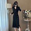Falda de punto estilo Chanel con mangas acampanadas, elegante vestido de punto ajustado con solapa pequeña para mujer.