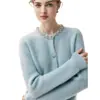 Escote con pedrería~Cárdigan de cachemira de estilo de lujo ligero para mujer, cuello redondo, abrigo suéter grueso, cárdigan de punto, prenda de abrigo