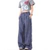 Azul marino Cuadros Relajados Pierna Ancha Pantalones Casuales para Mujer Verano Cintura Media Sueltos Diseño de Botones Rectos Pantalones Largos