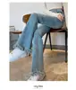 Calça jeans feminina flare de cintura alta, modeladora e elástica, estilo coreano, adequada para baixinhas, preta, nova coleção primavera/verão
