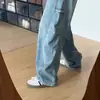 Jeans Azul Claro Scimitar para Mujer, Tendencia Nuevo Estilo Americano de Cintura Alta Sueltos Rectos Adelgazantes Pierna Ancha Pantalones Hoz