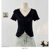 Camiseta de Manga Corta con Cuello en V, Volantes Dulces y Flores 3D para Mujer, Nuevo Estilo de Verano, Corte Ajustado, Favorecedora de la Figura, Top de Punto con Abertura