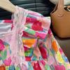 2436Q niñas 2024 primavera y otoño nuevo traje tesoro de mujer estilo pintura al óleo chaqueta con jeans acampanados conjunto de dos piezas