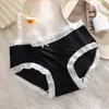 Roupa íntima feminina de manutenção de seda de gelo ultrafina com fundo de algodão, renda de alta qualidade, cintura média, confortável e respirável, calcinha