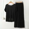 Conjunto de Pijama Casual Duas Peças Feminino de Modal com Gola Redonda e Manga Curta com Calça de Perna Larga Roupas de Casa Tamanho Plus Size Solto