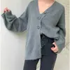 Cardigã de malha feminino de alta qualidade Dongdaemun Coreano, comprimento médio, solto, estilo casual, jaqueta suéter com decote V para mulheres