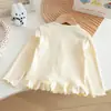 Cardigan Feminino de Renda para Primavera e Outono Doce Aplique Botões Coloridos Gola Redonda Manga Longa para Bebê Menina Versátil Macio Grudado Camada Base Top