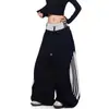 Pantalones de chándal vintage de estilo americano Hip-Hop, dos piezas, con patchwork de rayas, para hombre y mujer, forro polar de invierno, doble cintura, pantalones curvos