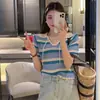 Nova Camisa de Malha Curta Estilo Francês de Verão com Gola Lapela Meio Aberta, Cadarço, Cor Sólida Vazada, Listrado, Manga Curta para Mulheres