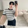 Camiseta de malha masculina de manga curta, listrada, estilo old money, corte justo, gola redonda, business casual, seda gelo, verão, atacado de fábrica transfronteiriço