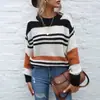 Moda Transfronteriza Estilo Europeo y Americano Suéter de Punto Rayado Amazon Suéter Básico Otoño e Invierno Suéter Pulóver de Cuello Redondo con Bloques de Color