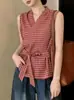 Camisa a Cuadros Francesa de Moda con Cuello en V y Cinturón para Mujer, Top sin Mangas Versátil con Estilo para Verano, Commuting, Temperamento, Tendencia