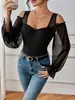 Mono de Comercio Exterior Transfronterizo de Amazon con Hombros Descubiertos Transparente de Manga Larga Sexy para Chica Caliente Cuadrado Delgado Mono para Mujer Negro
