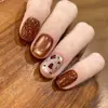 Puntas de Uñas Cortas Portátiles con Lindo Estampado de Estrella Leopardo, Color Ámbar Caramelo, Arte de Uñas Otoño e Invierno, Removibles