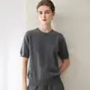 Básico e simples! Camiseta de manga curta 100% caxemira para mulheres, gola redonda, macia e aconchegante, caimento solto, top versátil de manga curta