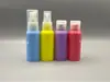 Garrafa plástica PET redonda de 50ml, calibre 20, nas cores vermelho, azul, amarelo, com ombro arredondado, frasco spray, frasco dosador
