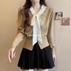 Cárdigan de Punto con Empalme de Encaje y Cuello de Pajarita 2024 Otoño e Invierno Suéter Retro Chaqueta Top de Manga Larga para Mujer