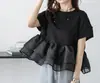 Comercio Exterior Ropa de Mujer 2026 Verano Nuevo Estilo Malla Empalmada Dobladillo Abullonado Top para Mujer Camiseta Mangas Cortas