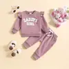 Conjunto de Ropa Transfronteriza de Amazon para Bebés Niñas de 0 a 2 Años, Sudadera de Manga Larga con Bordado de Letras y Mangas Volantes + Pantalones Largos de Color Sólido Conjunto de Dos Piezas