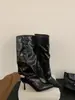 Calças de couro envernizado, botas de salto alto com bico fino e cano alto, botas acima do joelho, botas de montaria sexy femininas para outono e inverno