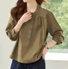 Nova Camisa de Algodão Puro com Gola Redonda e Manga Longa para Mulheres, Estilo Coreano Moderno, Blusa Casual Solta, Top Único, Primavera e Outono de 2026
