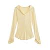 Top con capucha plisada y cordón, abotonado, cuello en V para mujer, Otoño, Sexy, Estilo Pura Pasión, Aspecto Adelgazante, Camiseta de Manga Larga para Mujer