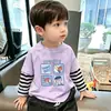 Camiseta de Manga Larga Rayada Patchwork de Dibujos Animados para Niños, Algodón Puro para Primavera y Otoño, Estilo Coreano, Holgada, Moderna, Camiseta Básica Informal para Niños