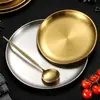 Prato de churrasco de aço inoxidável estilo coreano camada única disco dourado espesso prato de sobremesa prato de buffet prato ocidental prato de churrasco