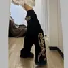 Jeans Patchwork Estilo Retrô Americano com Estampa de Leopardo e Corte Scimitar para Mulheres, Novo Estilo de Inverno, Cintura Baixa, Calça Reta Solta de Perna Larga