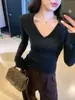 Camiseta de manga larga para mujer, capa base de primavera y otoño, moda elegante, chic, ajuste ceñido, cuello de punto