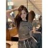 Ropa de Verano de Algodón Puro Nuevo Estilo Francés Dulce y Picante Camiseta Interior Base Camiseta de Hombro Top Corto a Rayas para Mujer ins