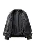 Jaqueta de couro masculina preta com gola virada, corte solto, casaco casual, forrada com fleece para aquecimento, estilo motociclista, design moderno
