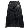 Vaqueros holgados JNCO Y2K Street para hombre, vaqueros negros bordados, vaqueros góticos de pierna ancha para hombre y mujer