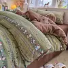 Conjunto de quatro peças de algodão fofo estilo cartoon Classe A, estilo ins fresco e simples, gaze de camada dupla, conjunto de três peças de algodão puro para dormir sem roupa, capas de edredom de solteiro e casal 3