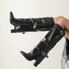 Botas Altas Retro Europeas y Americanas para Mujer Tacón Grueso Punta Fina Hebilla de Cinturón Decoración Botas Largas Gamuza Charol Botas de Caballero Otoño e Invierno Estilo Nuevo