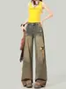 Jeans de Perna Larga Rasgado Estilo Deserto Retro Americano Verão Feminino Design Desgastado Cintura Alta Solto Calças de Perna Larga