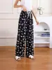 Calça Larga Feminina Estampada de Seda de Gelo Transfronteiriça, Calça Casual Solta de Cintura Alta para Casa, Estilo Fino de Verão para Mães de Meia-Idade e Idosas