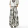 Pantalones casuales a cuadros deconstruidos estilo americano para hombre, pantalones rectos holgados de otoño con cintura elástica, pantalones de pierna ancha que estilizan hasta el suelo