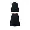 Para Ropa de Mujer Europea y Americana Traje Casual Transfronterizo Costura de Color Contrastante Chaleco Recto Pantalones Cortos tipo Bermuda Largos con Cinturón Plisado