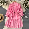 Vestido de Muñeca Suelto de Color Sólido con Diseño Dulce de Nicho, Mangas Abullonadas Plisadas de Hongo, Longitud Media para Primavera y Verano