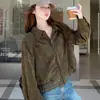 Jaqueta curta de camurça retrô verde militar para mulheres, coleção de outono, tamanho pequeno, estilo jovem e casual, com design de retalhos xadrez