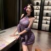 Lencería Divertida Sexy Hombros Descubiertos Cheongsam Nuevo Estilo Chino Botón Encaje Ajustado Estilo Pura Tentación Chal Morado 6487