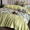 Juego de cuatro piezas de algodón lavado estilo francés, funda de edredón con estampado floral vintage, ropa de cama romántica de algodón con encaje plisado.