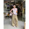 Jeans Rectos de Algodón Puro Color Caqui para Mujer, Nuevo Estilo de Verano, Pantalones Anchos Casuales Sueltos con un Diseño Elegante, Pantalones Largos hasta el Suelo