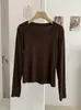 KEKEZOON Camiseta básica de manga longa, gola redonda simples, ombro reto, cor sólida, acinturada, afina a silhueta, estilo japonês e coreano, para mulheres 8547
