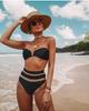 Traje de baño de dos piezas de comercio exterior con cuello en V, costuras de malla, bikini sexy de cintura alta, bikini de Europa y América9188