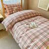 Juego Sencillo de Algodón de Cuatro Piezas Sin Estampado, Sábanas para Dormir Desnudo Amigables con la Piel, Funda de Edredón, Ropa de Cama, Juego de Tres Piezas a Cuadros para Dormitorio