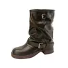 Botines estilo nuevo 2026, botas vaqueras western plisadas negras, punta redonda, tacón grueso, hebilla de cinturón, botines cortos Maillard para mujer