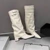 Hebilla de cinturón~Botas altas con tacón grueso para mujer, estilo europeo y americano, botas de caña alta, punta fina, color café, estilo urbano