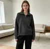Suéter Corto de Cuello Solapa con Media Cremallera para Mujer Otoño e Invierno Nuevo Grueso Raglán Manga Larga Color Puro Casual Tejido Top